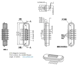 6 pin magnetic connector, pogo pins, pogo pin connector - right angle female