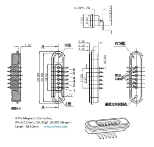 6 pin magnetic connector, pogo pins, pogo pin connector - right angle male