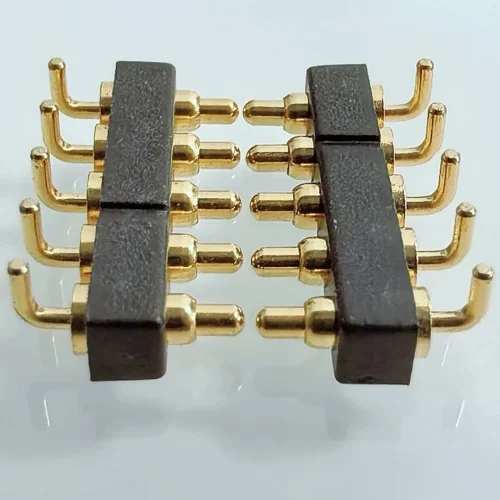 Bending PTH pogo pin connector, spring-loaded pins, board-to-board pogo pin connector, connector housing and PCB target pads