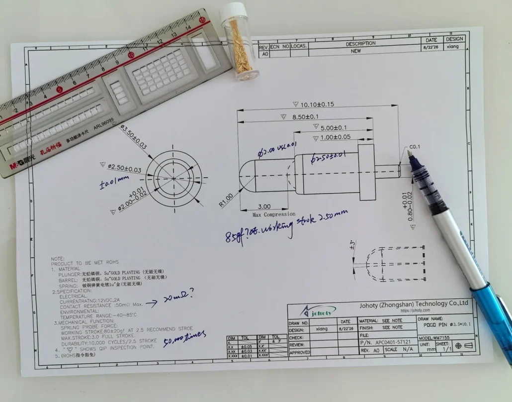 Design Refinement and Approval, Custom Pogo Pin Engineering, Custom gold-plated pogo pins and spring loaded connector by pogo pin manufacturer JOHOTY